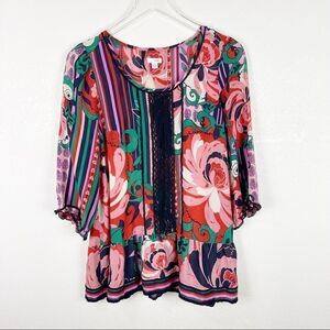 Vintage Odille Anthropologie Floral Tunic Top Blouse Size 0